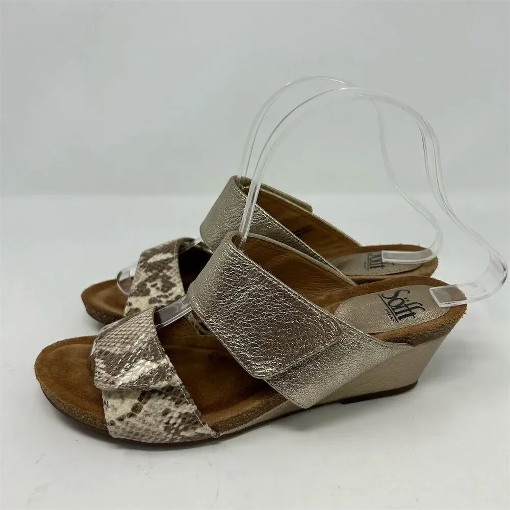 Söfft Women's Gold Metallic Snake Print Wedge Strappy Sandals Size 7 Summer
